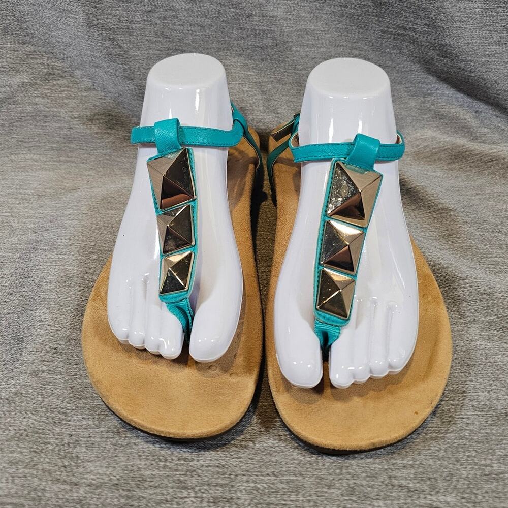 Vionic Nala Blue Nappa Leather Geo Gold T backstrap buckle thong sandals sz 9